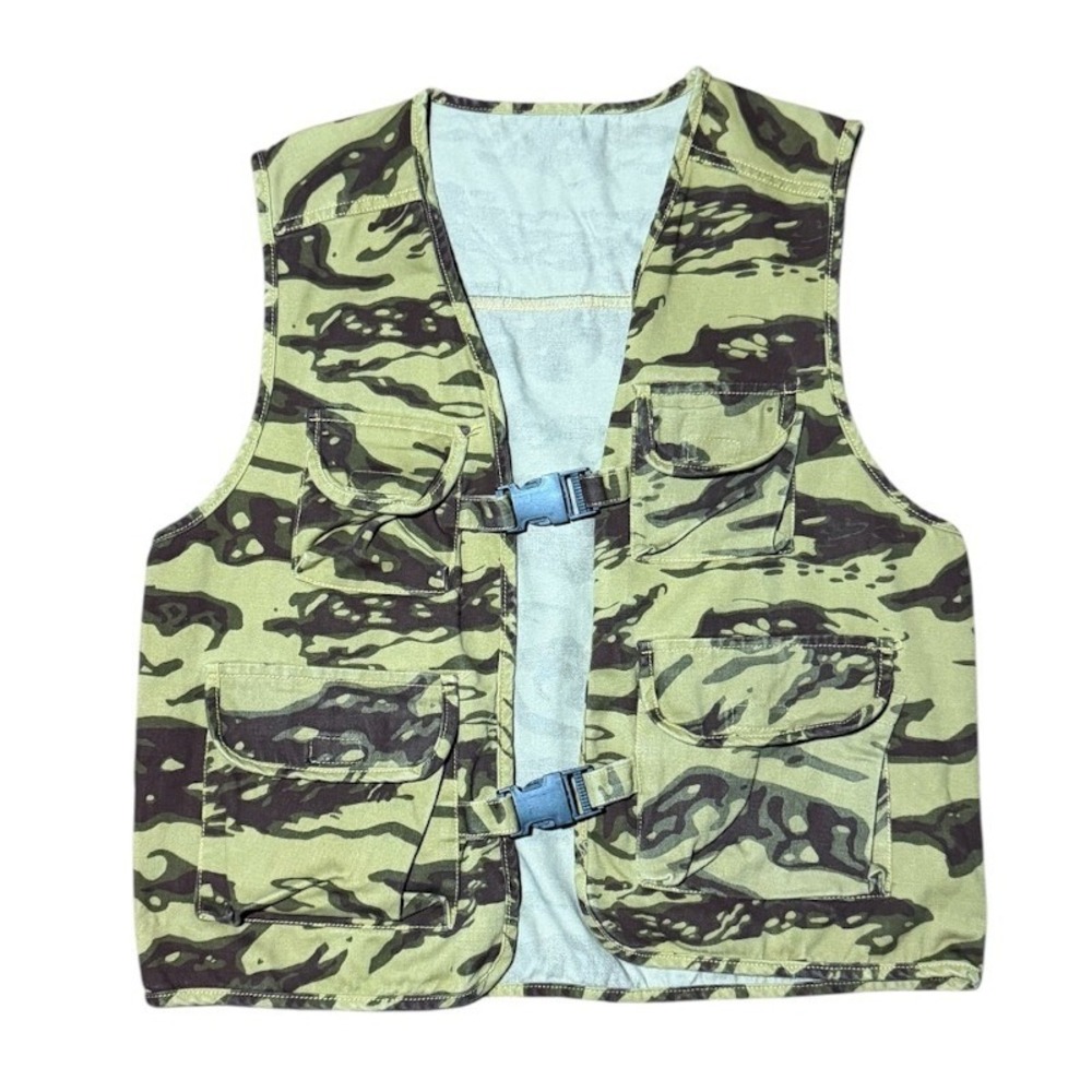 Vintage 90s Tiger Stripe Camo Green Brown Cargo Pocket Buckle Front Utility Vest